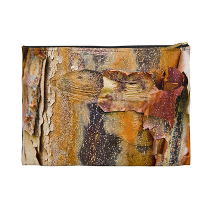 Front view of the small 8.5 x 6 inch pouch with orange bark design and black zipper.