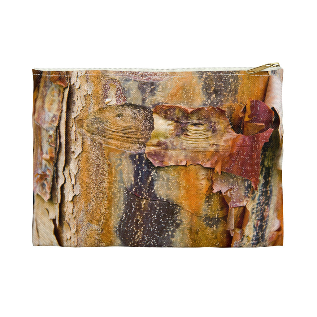 Front view of the small 8.5 x 6 inch pouch with orange bark design and white zipper.