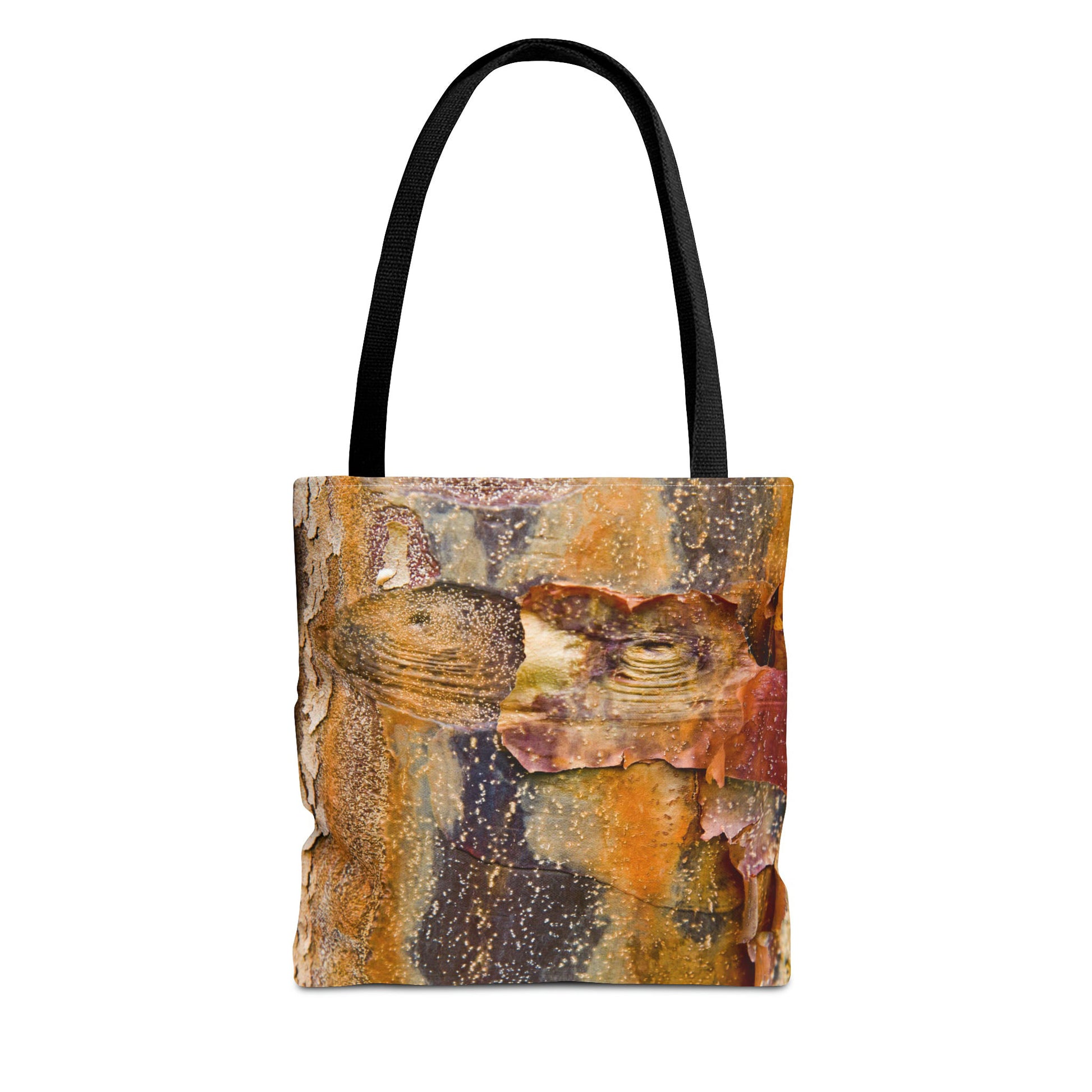 Front view of the small 13 x 13 inch tote bag with orange bark design.