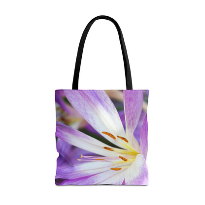 Large 18 x 18 inch tote bag featuring vibrant photo art close up of purple and white flower petals with orange stamen.
