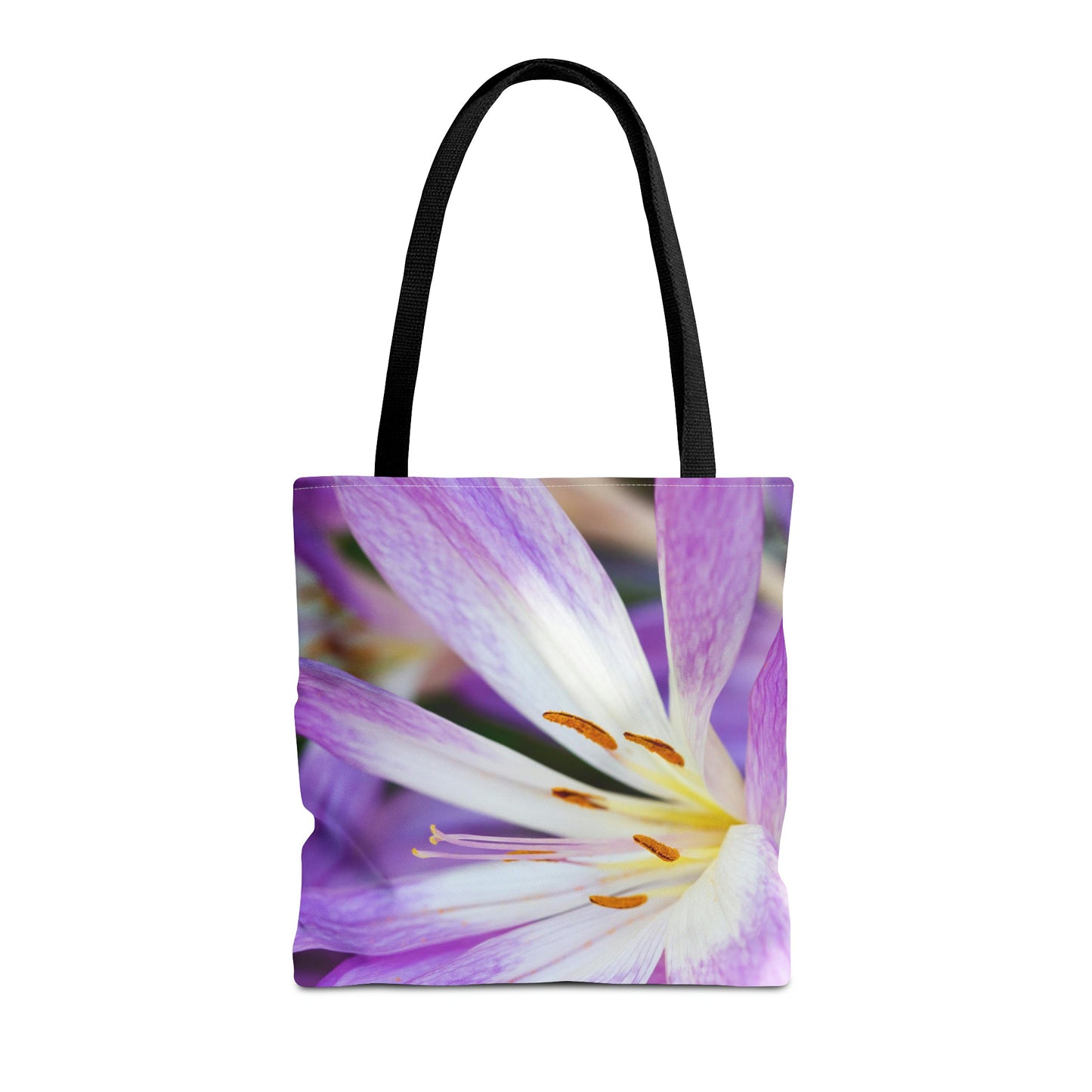Front view of the medium 16 x 16 inch tote bag with the purple flower, orange stamen design.