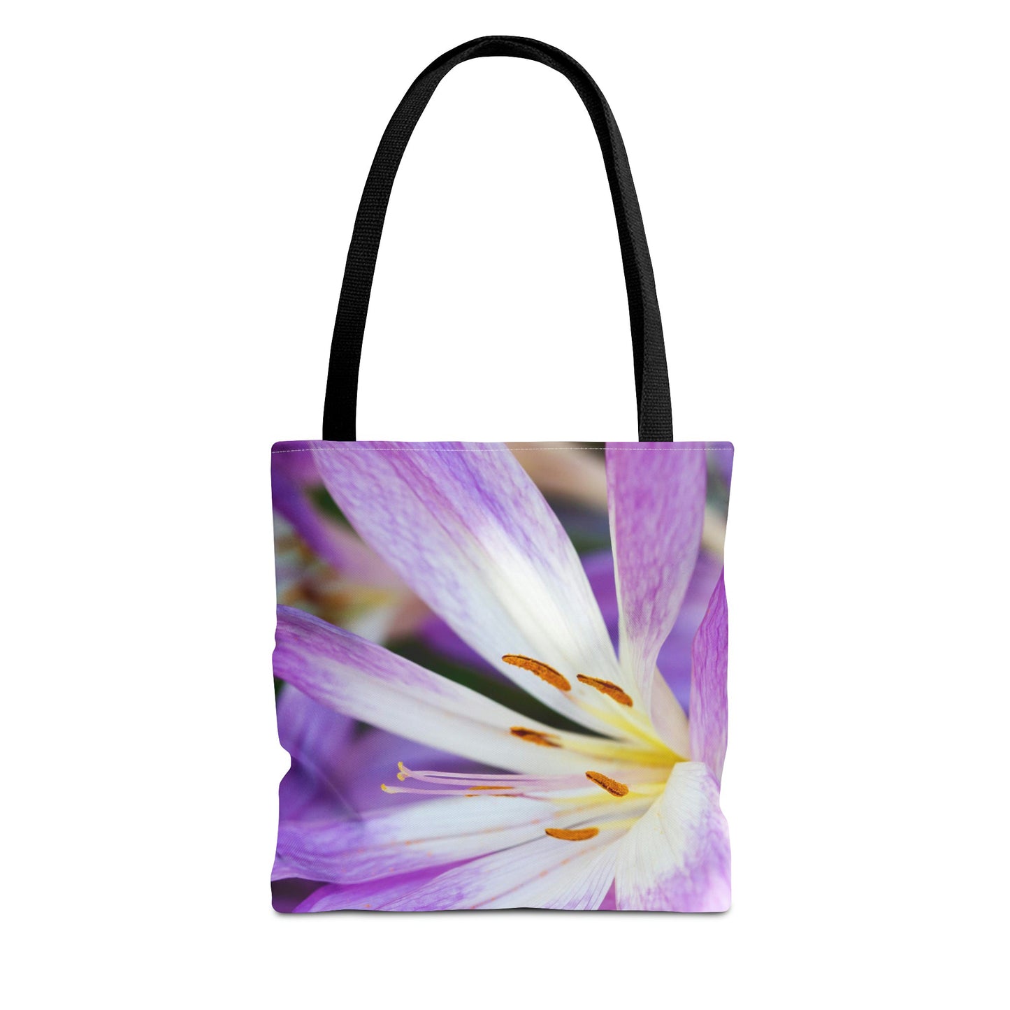 Front view of the small 13 x 13 inch tote bag with the purple flower, orange stamen design.