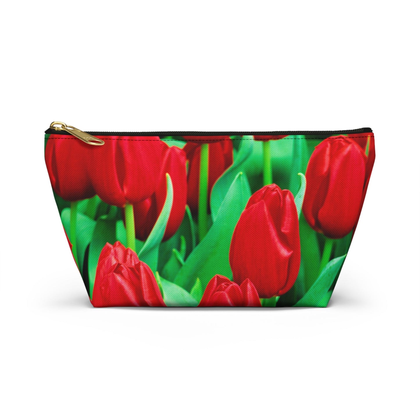 Front view of the small 8.75 x 4.75 x 2.25 inch kit bag with red tulips design and black zipper.