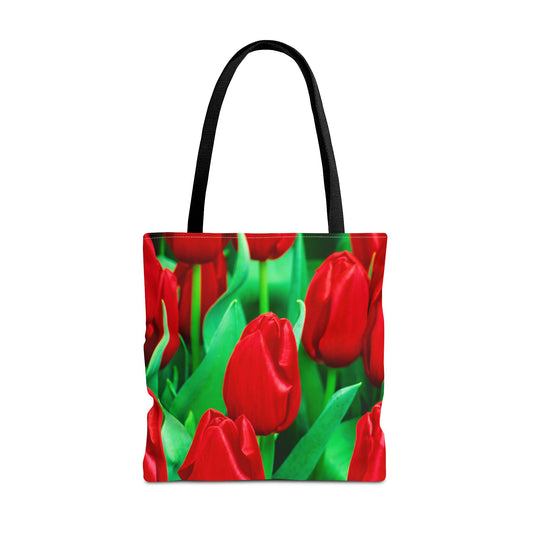Large 18 x 18 inch tote bag featuring vibrant photo art close up of brilliant red tulips with bright green stems.
