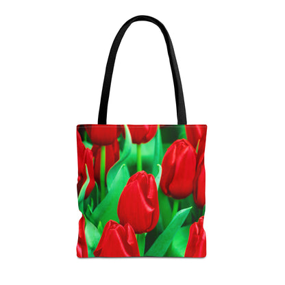 Front view of the medium 16 x 16 inch tote bag with the red tulips design.