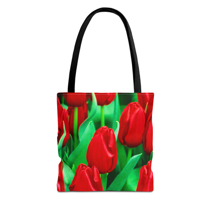 Front view of the small 13 x 13 inch tote bag with the red tulips design.