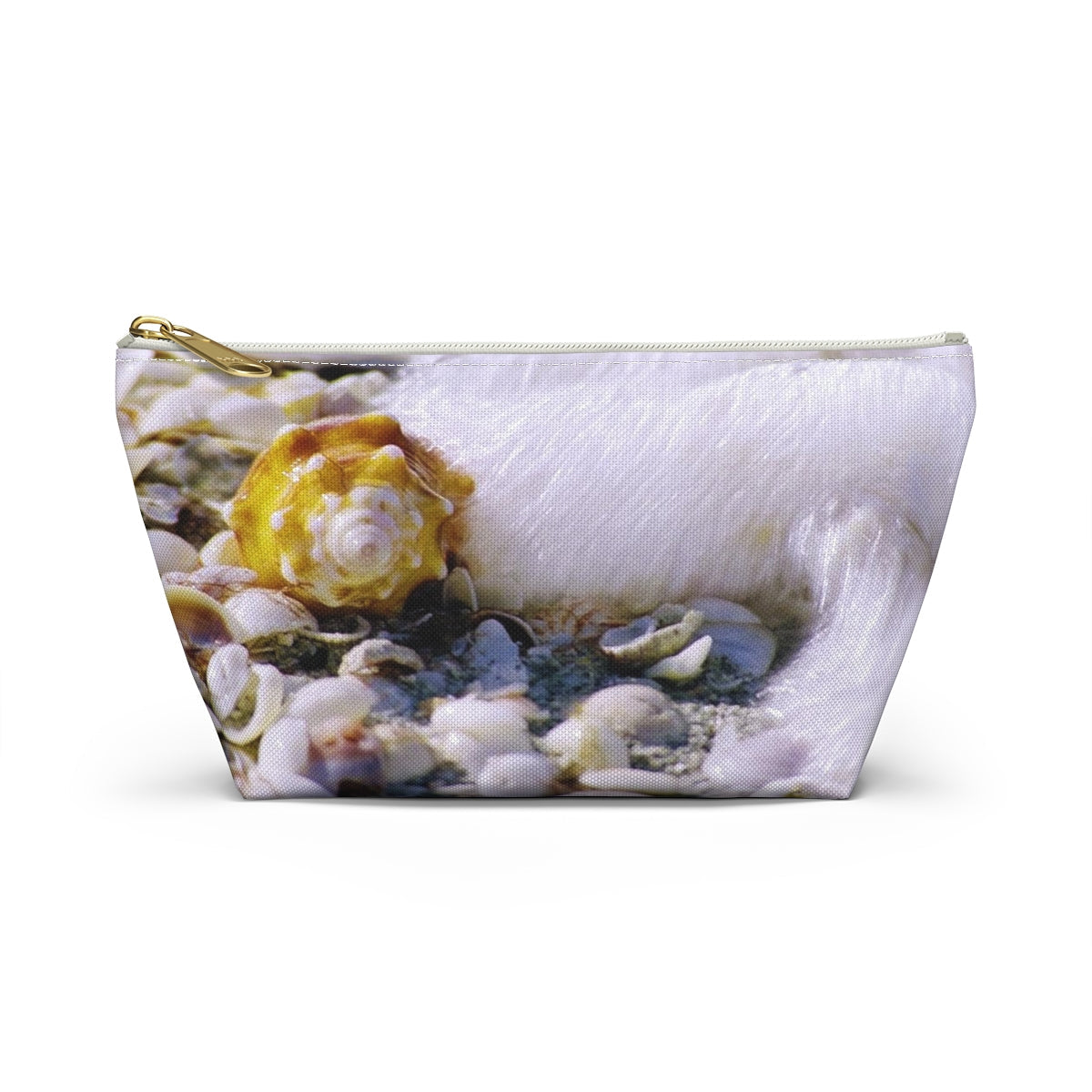 Front view of the small 8.75 x 4.75 x 2.25 inch kit bag with shell in surf design and white zipper.