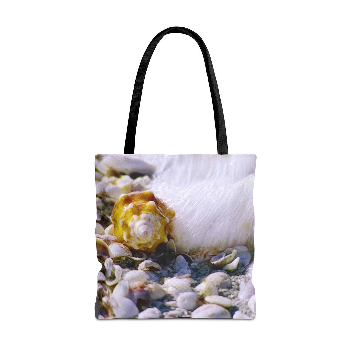 Large 18 x 18 inch tote bag featuring vibrant photo art close up of a shell about to be swept up by a crashing wave.