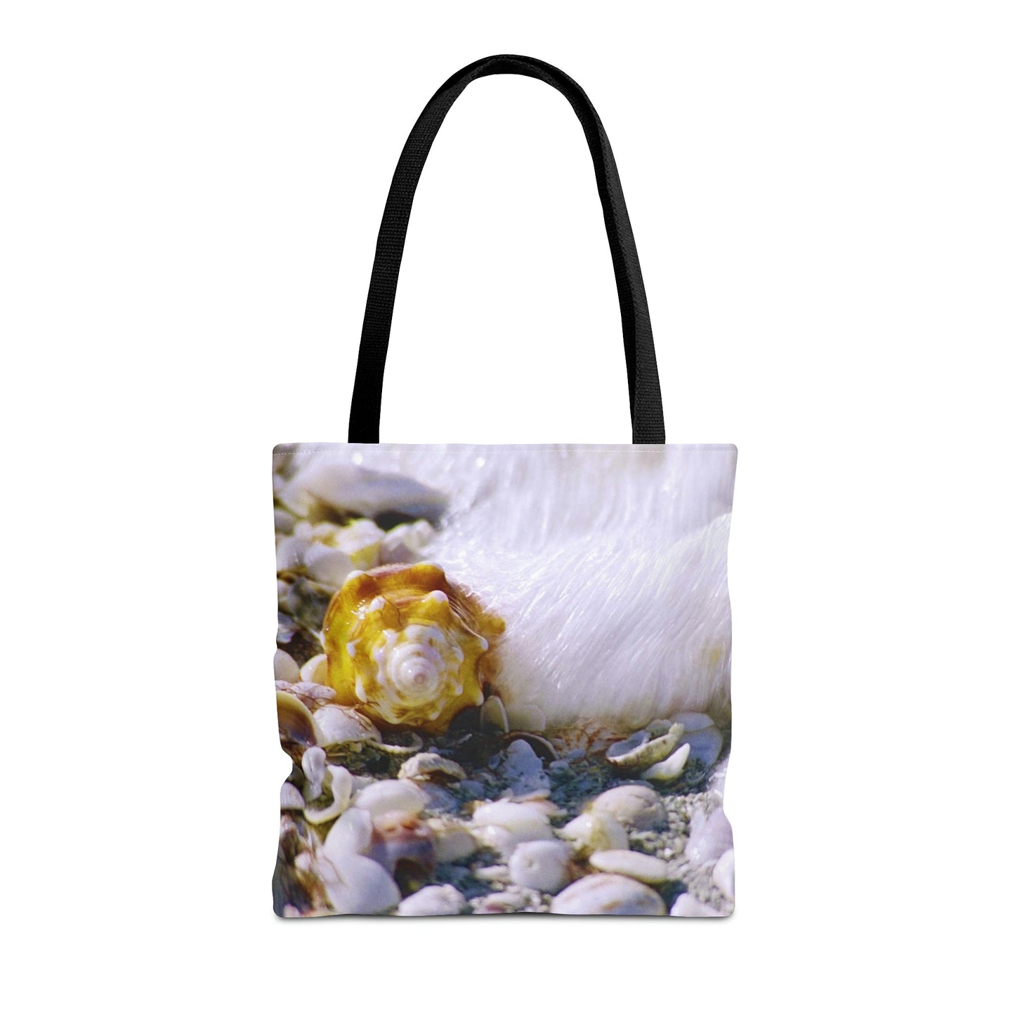 Front view of the medium 16 x 16 inch tote bag with shell in surf design.