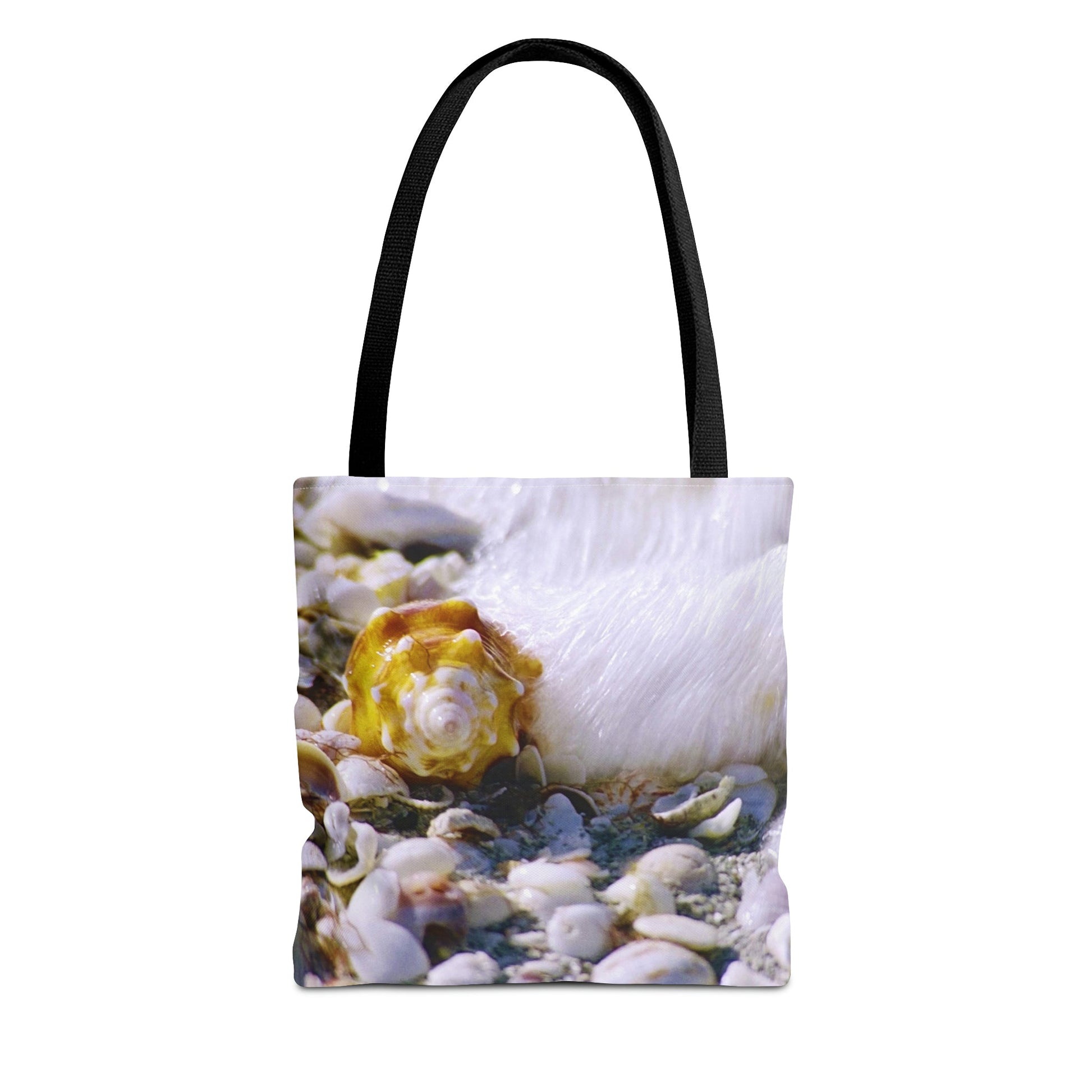 Front view of the small 13 x 13 inch tote bag with shell in surf design.