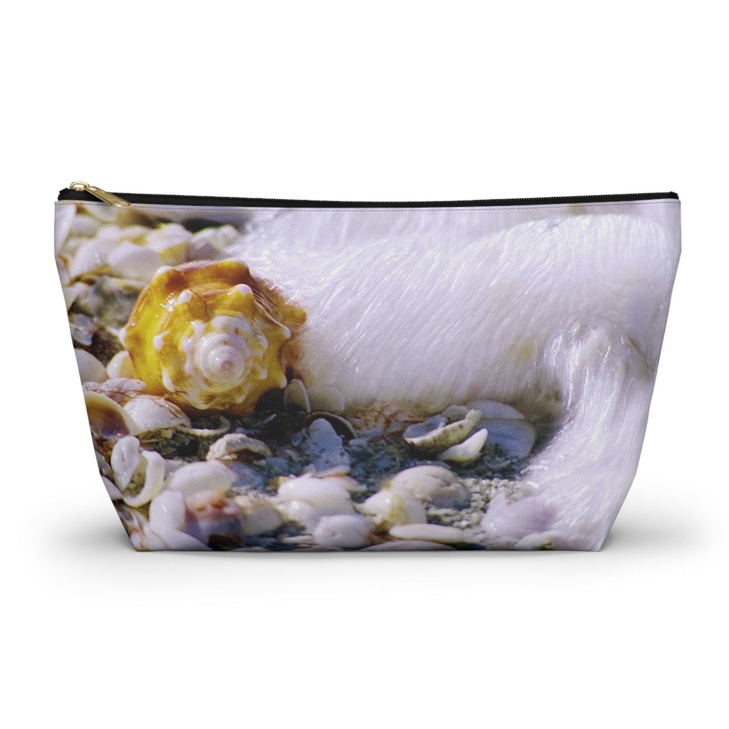 Front view of the large 12.5 x 7.25 x 3.25 inch kit bag with shell in surf design and black zipper.