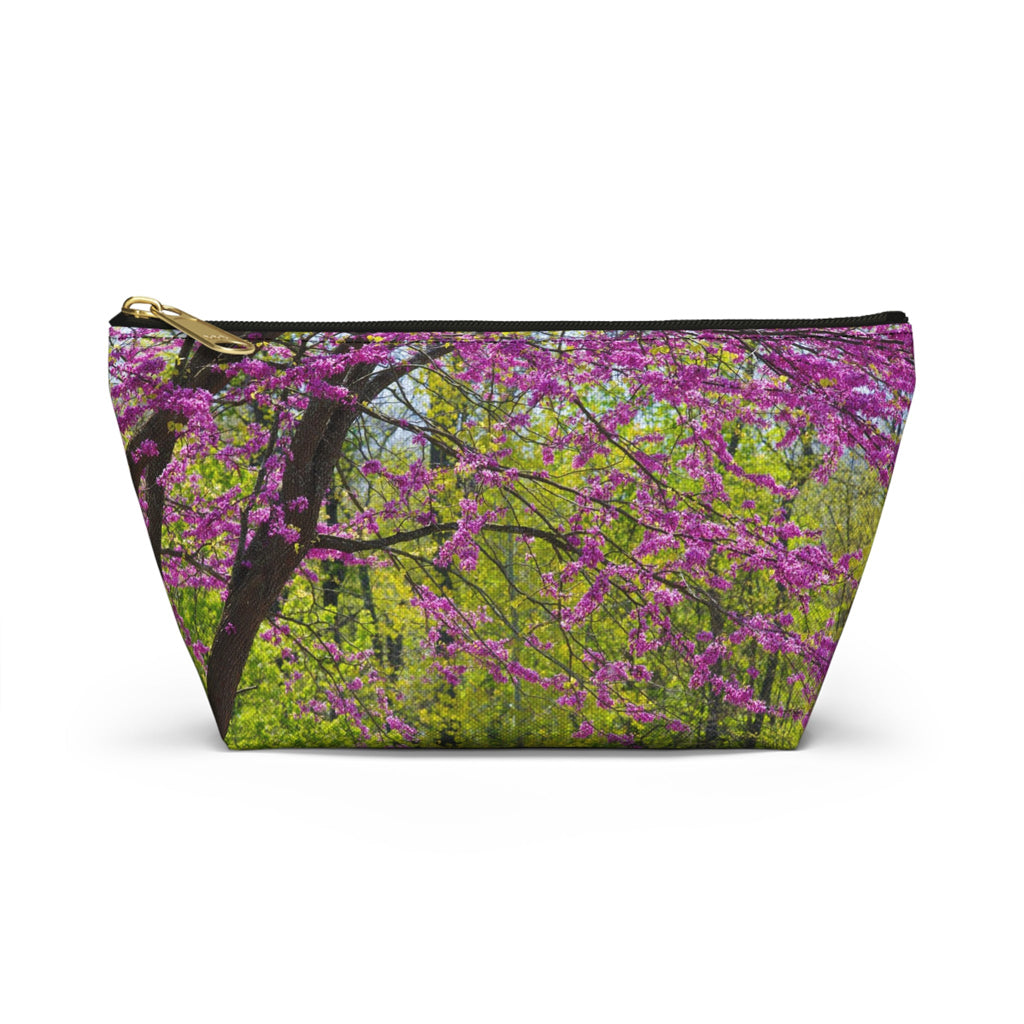 Front view of the small 8.75 x 4.75 x 2.25 inch kit bag with tree blossoms design and black zipper.