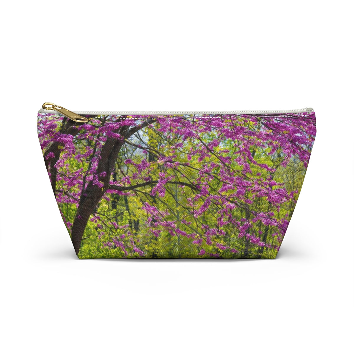 Front view of the small 8.75 x 4.75 x 2.25 inch kit bag with tree blossoms design and white zipper.