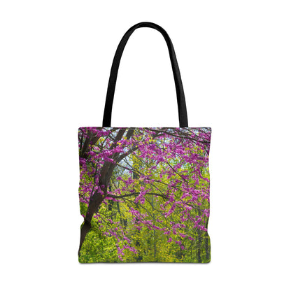 Large 18 x 18 inch tote bag featuring vibrant photo art of a tree filled with violet colored spring buds and blooms.

