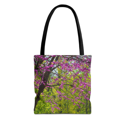 Front view of the small 13 x 13 inch tote bag with the tree blossoms design.