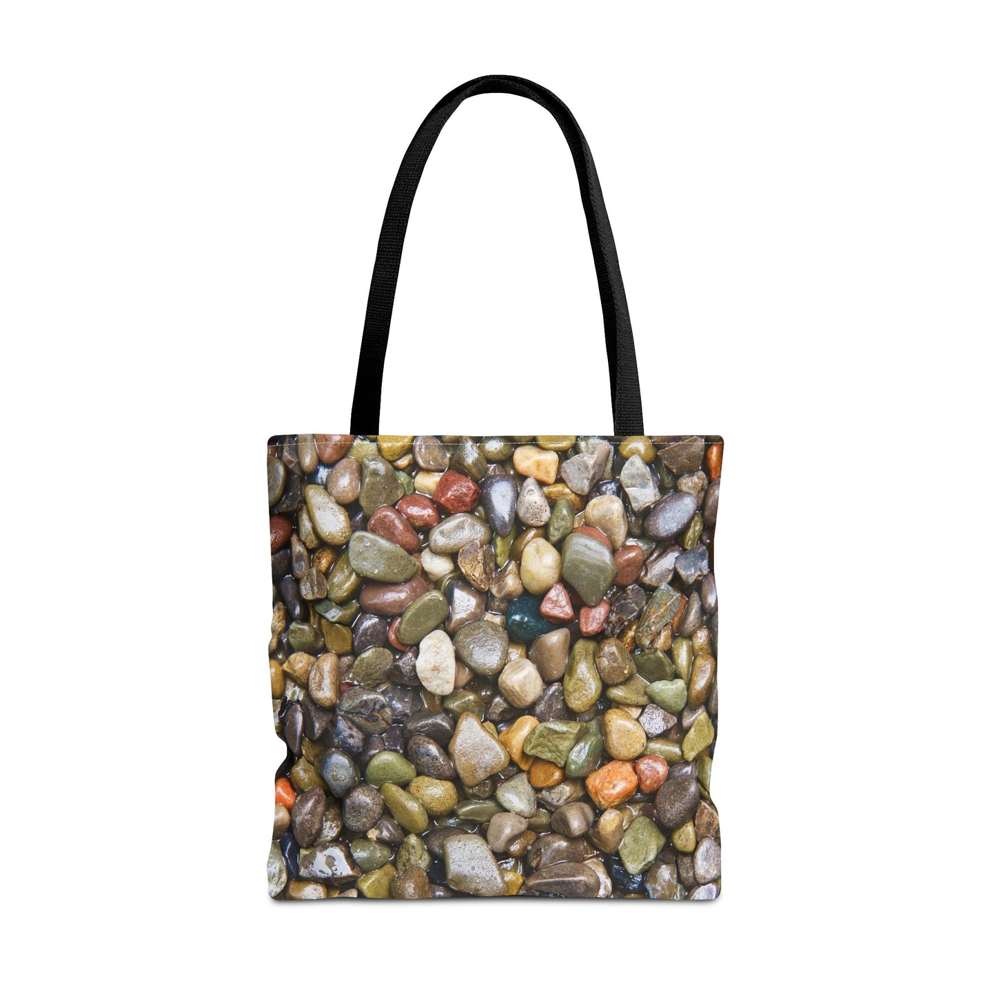 Large 18 x 18 inch tote bag featuring vibrant photo art close up of wet glistening multi colored pebbles and stones.