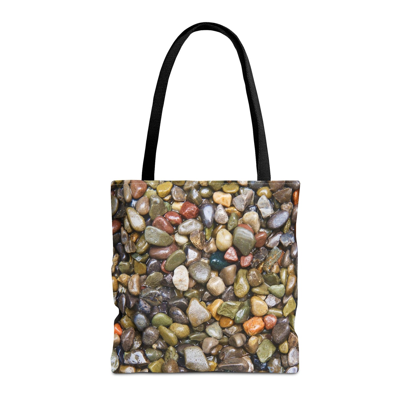 Front view of the medium 16 x 16 inch tote bag with pebbles and stones design.