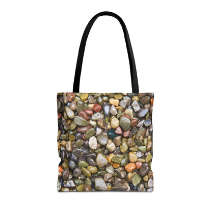 Front view of the medium 16 x 16 inch tote bag with pebbles and stones design.