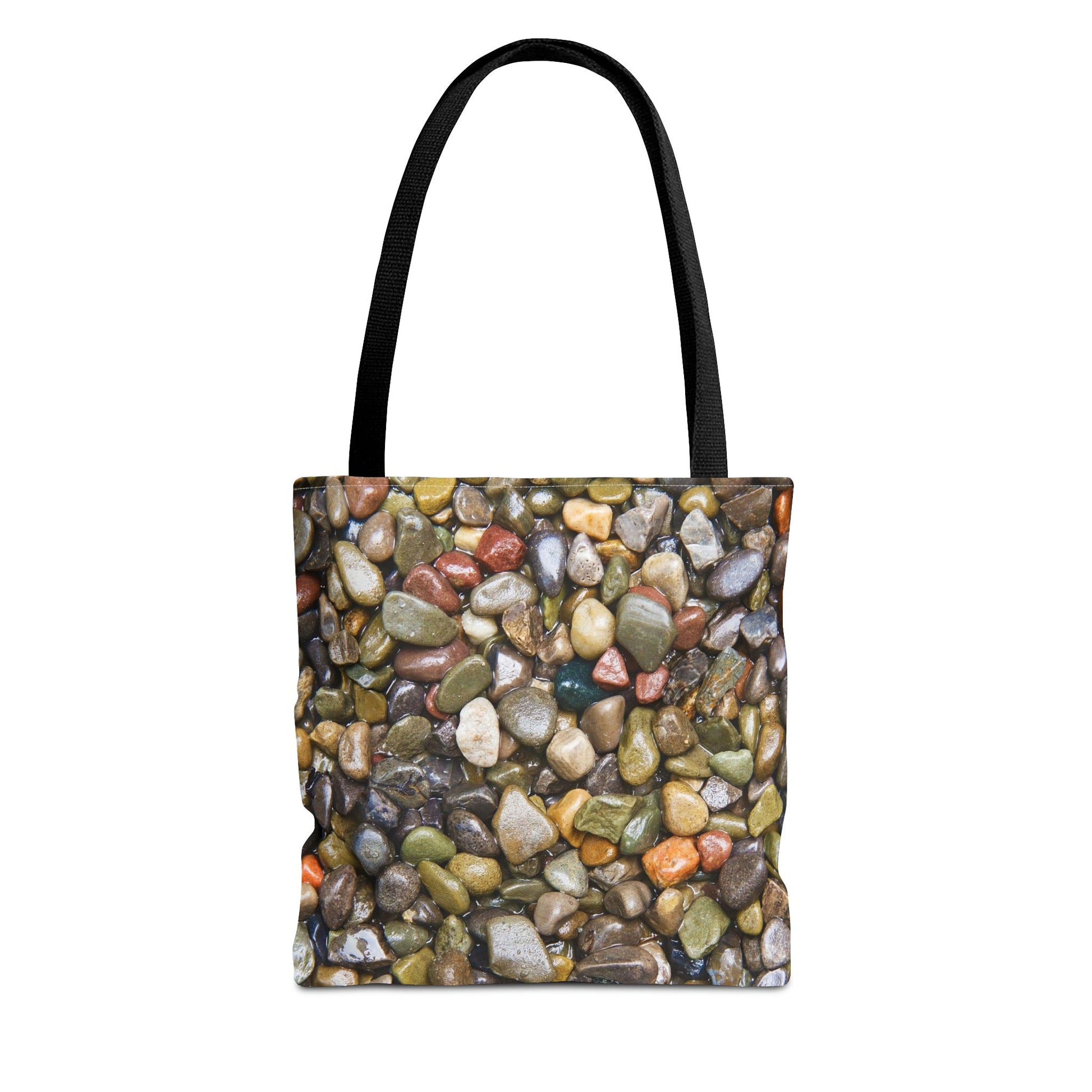 Front view of the small 13 x 13 inch tote bag with pebbles and stones design.