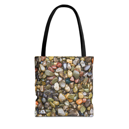 Front view of the small 13 x 13 inch tote bag with pebbles and stones design.