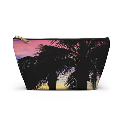 Front view of the small 8.75 x 4.75 x 2.25 inch kit bag with intense sunset design and black zipper.
