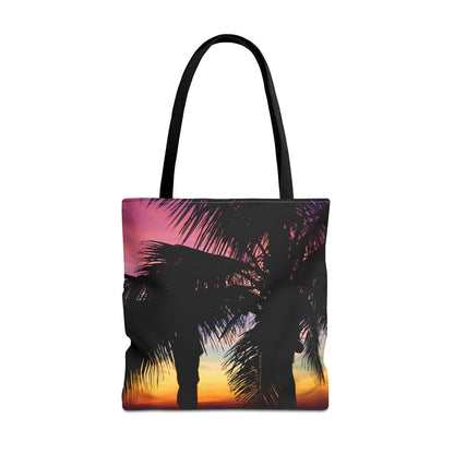 Large 18 x 18 inch tote bag featuring vibrant photo art of intense multi colored sunset with black palm trees in the foreground.