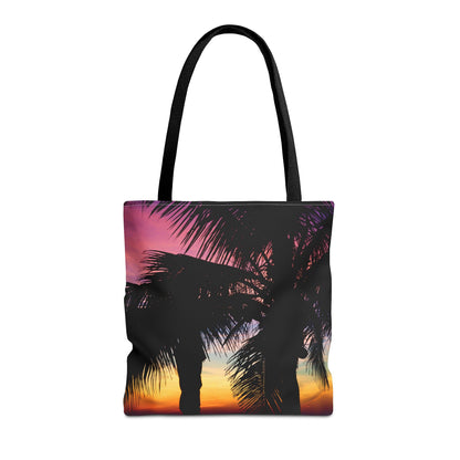 Front view of the medium 16 x 16 inch tote bag with the intense sunset design.