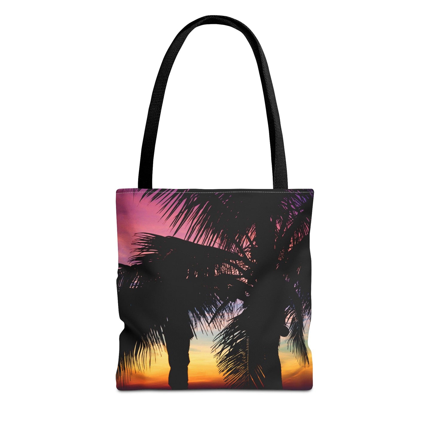 Front view of the small 13 x 13 inch tote bag with the intense sunset design.