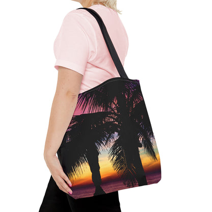 Young woman with a tote bag featuring the intense sunset design draped across her shoulder.