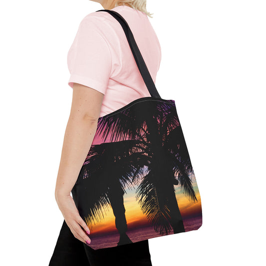 Young woman with a tote bag featuring the intense sunset design draped across her shoulder.