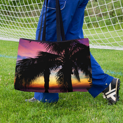 A soccer player carrying a weekender bag featuring the intense sunset design onto the practice field.