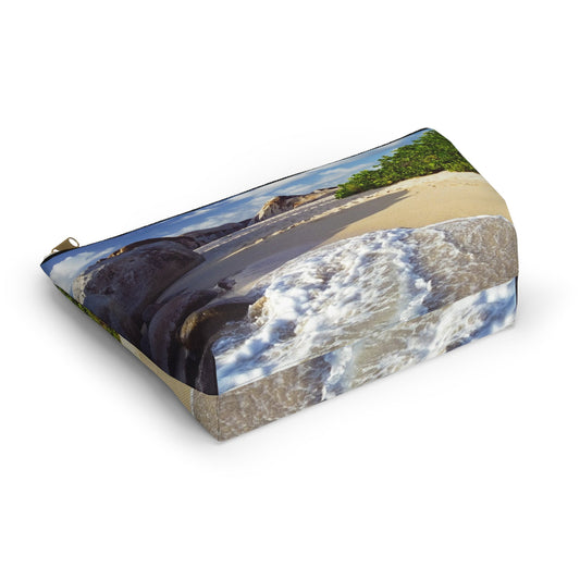 Bottom view of the kit bag with beach surf design angled to showcase the depth and all over print design.