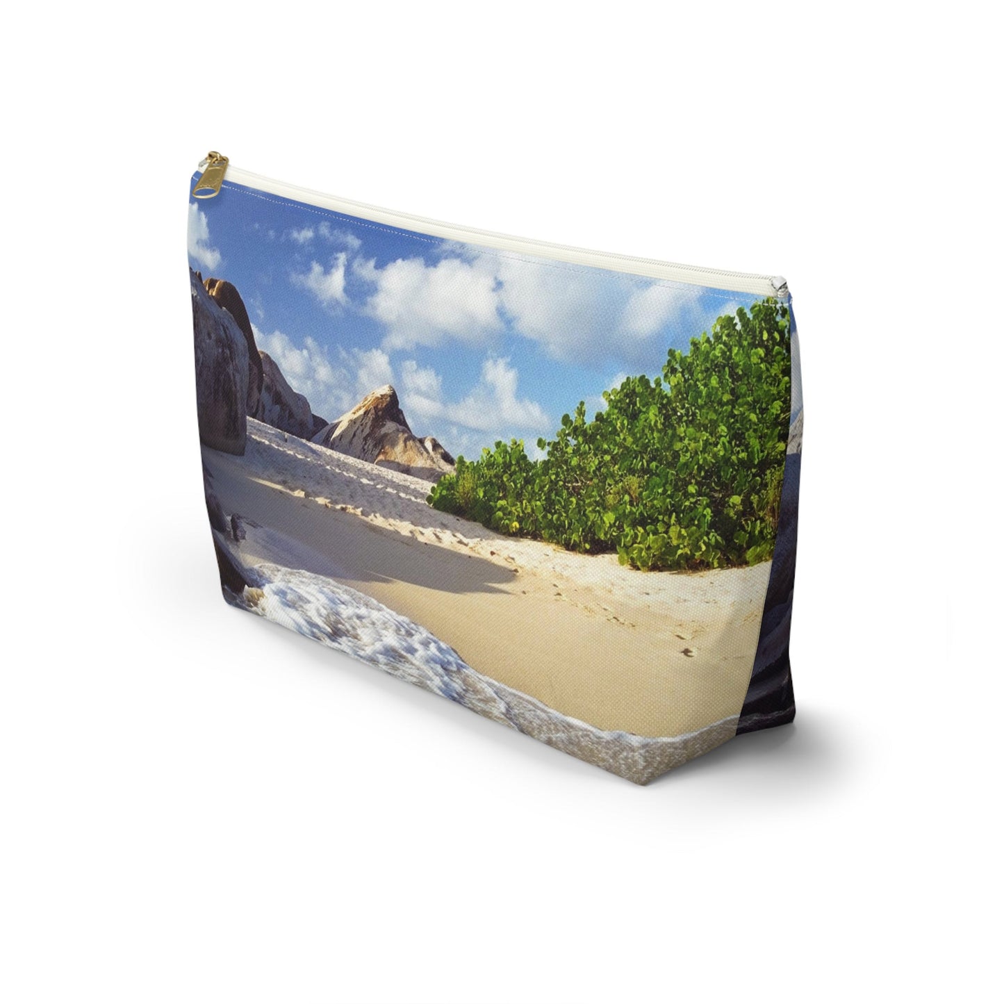 Front view of the kit bag with beach surf design angled to showcase the depth and all over print design.