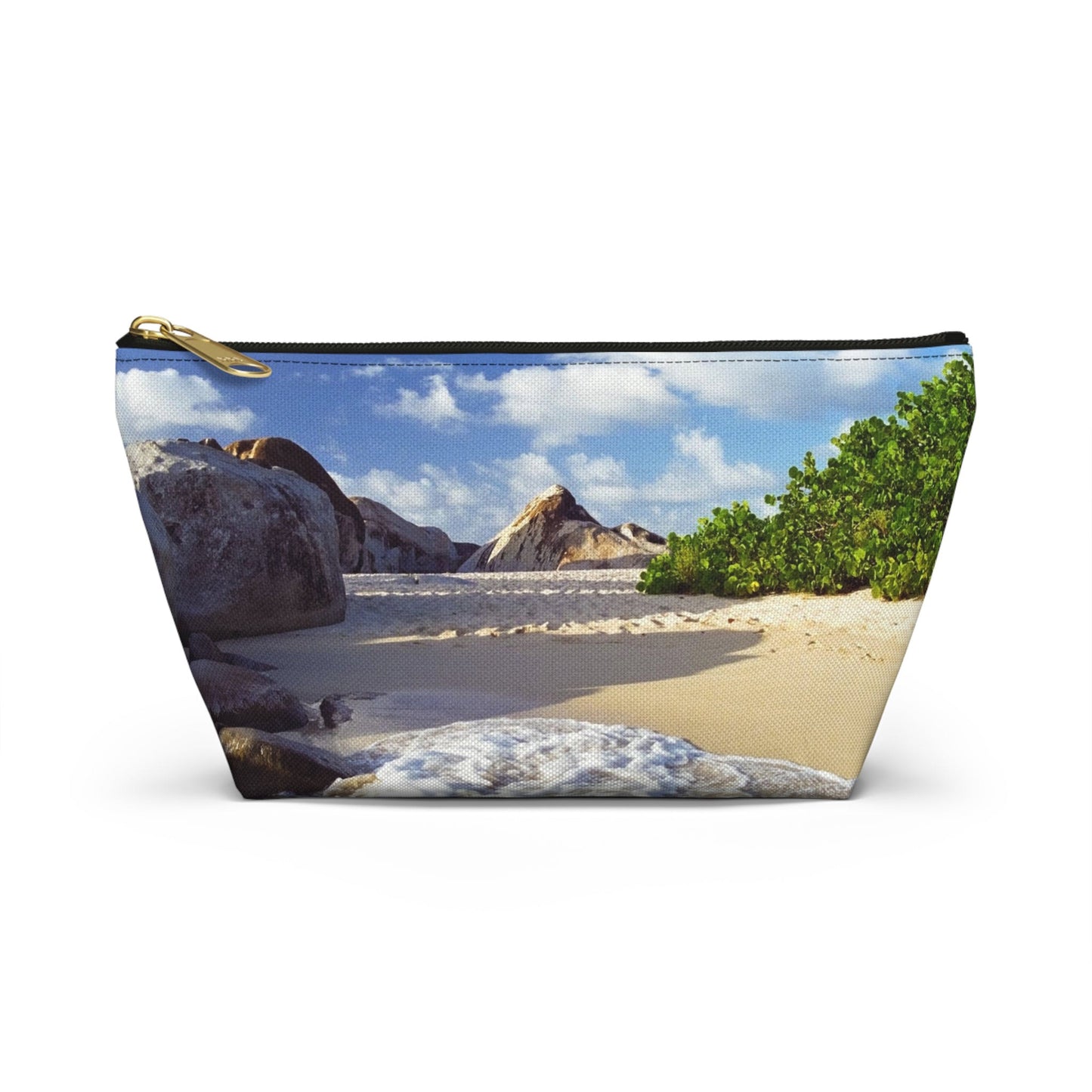 Front view of the small 8.75 x 4.75 x 2.25 inch kit bag with beach surf design and black zipper.