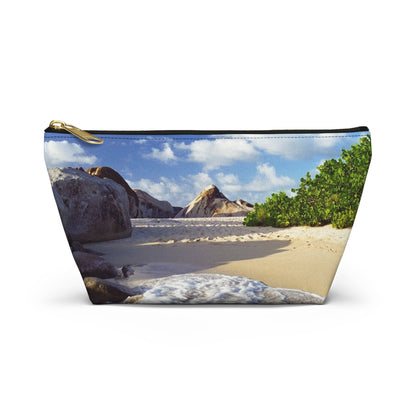 Front view of the small 8.75 x 4.75 x 2.25 inch kit bag with beach surf design and black zipper.