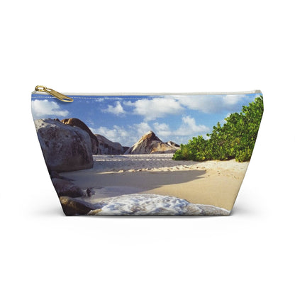 Front view of the small 8.75 x 4.75 x 2.25 inch kit bag with beach surf design and white zipper.