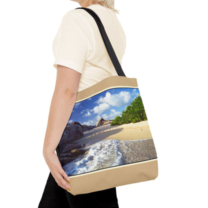 Young woman with a tote bag featuring the beach surf design draped across her shoulder.