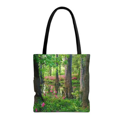 Front view of the medium 16 x 16 inch tote bag with the wetland design.