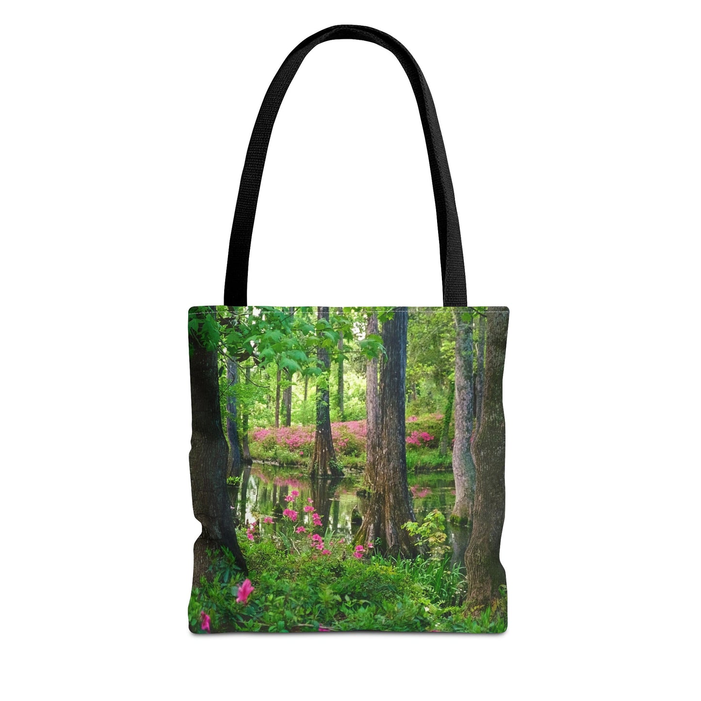 Front view of the small 13 x 13 inch tote bag with the wetland design.