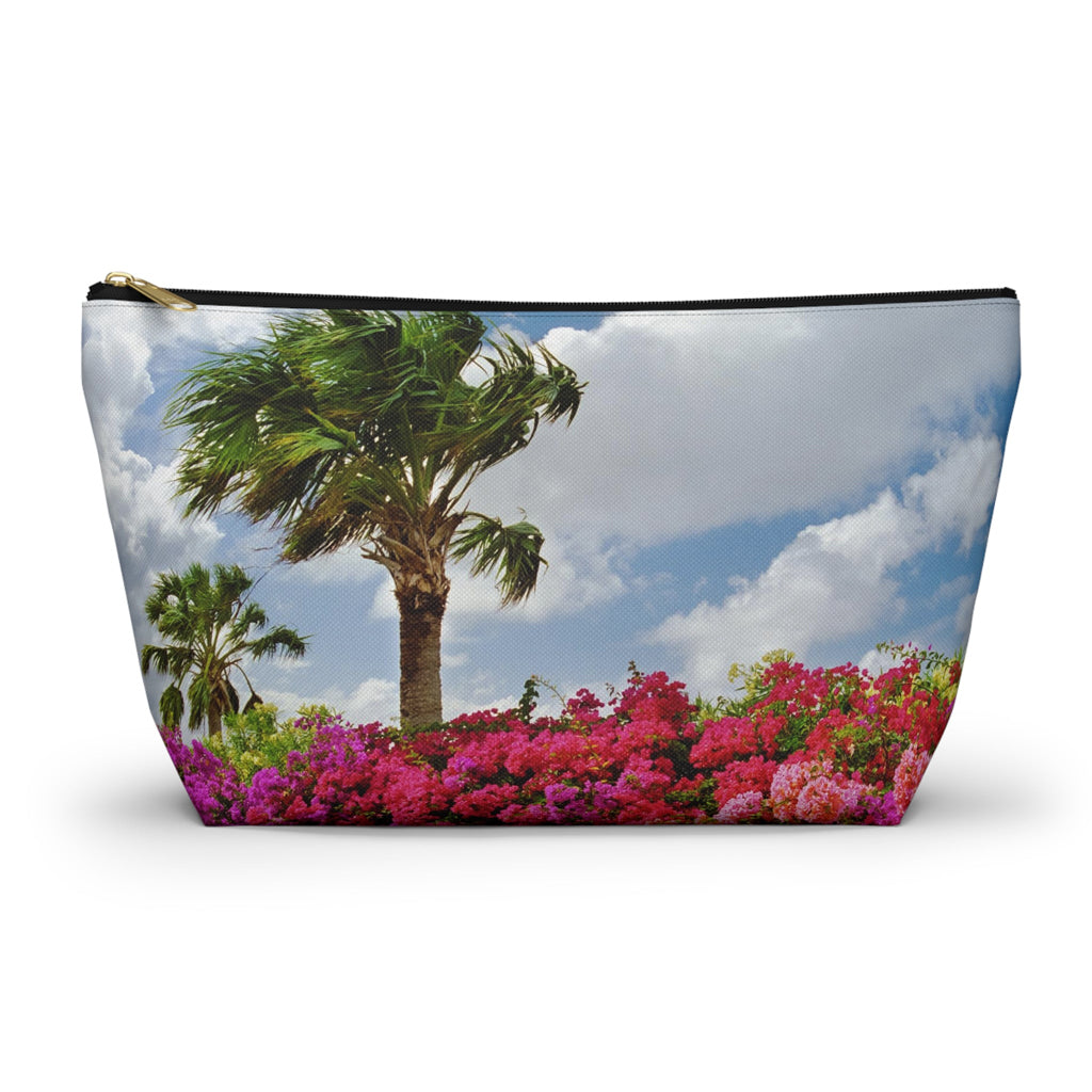 Front view of the large 12.5 x 7.25 x 3.25 inch kit bag with tropical flowers design and black zipper.