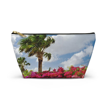 Front view of the small 8.75 x 4.75 x 2.25 inch kit bag with tropical flowers design and black zipper.