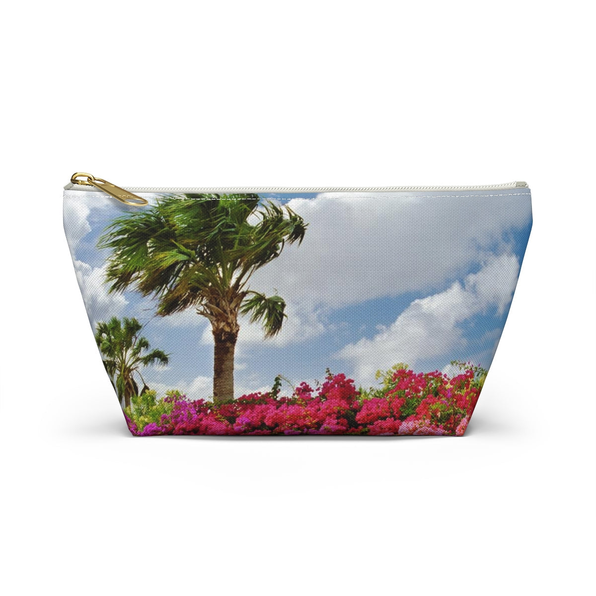 Front view of the small 8.75 x 4.75 x 2.25 inch kit bag with tropical flowers design and white zipper.
