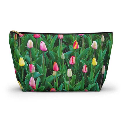 Zippered accessory pouch featuring vibrant photo art close up of multi colored tulip buds days from full bloom.