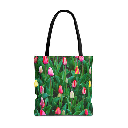 Large 18 x 18 inch tote bag featuring vibrant photo art close up of multi colored tulip buds days from full bloom