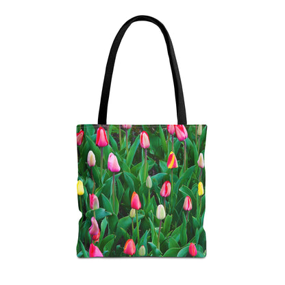 Front view of the medium 16 x 16 inch tote bag with multi colored tulips design.