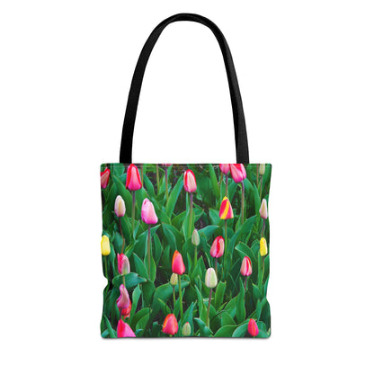 Front view of the small 13 x 13 inch tote bag with multi colored tulips design.