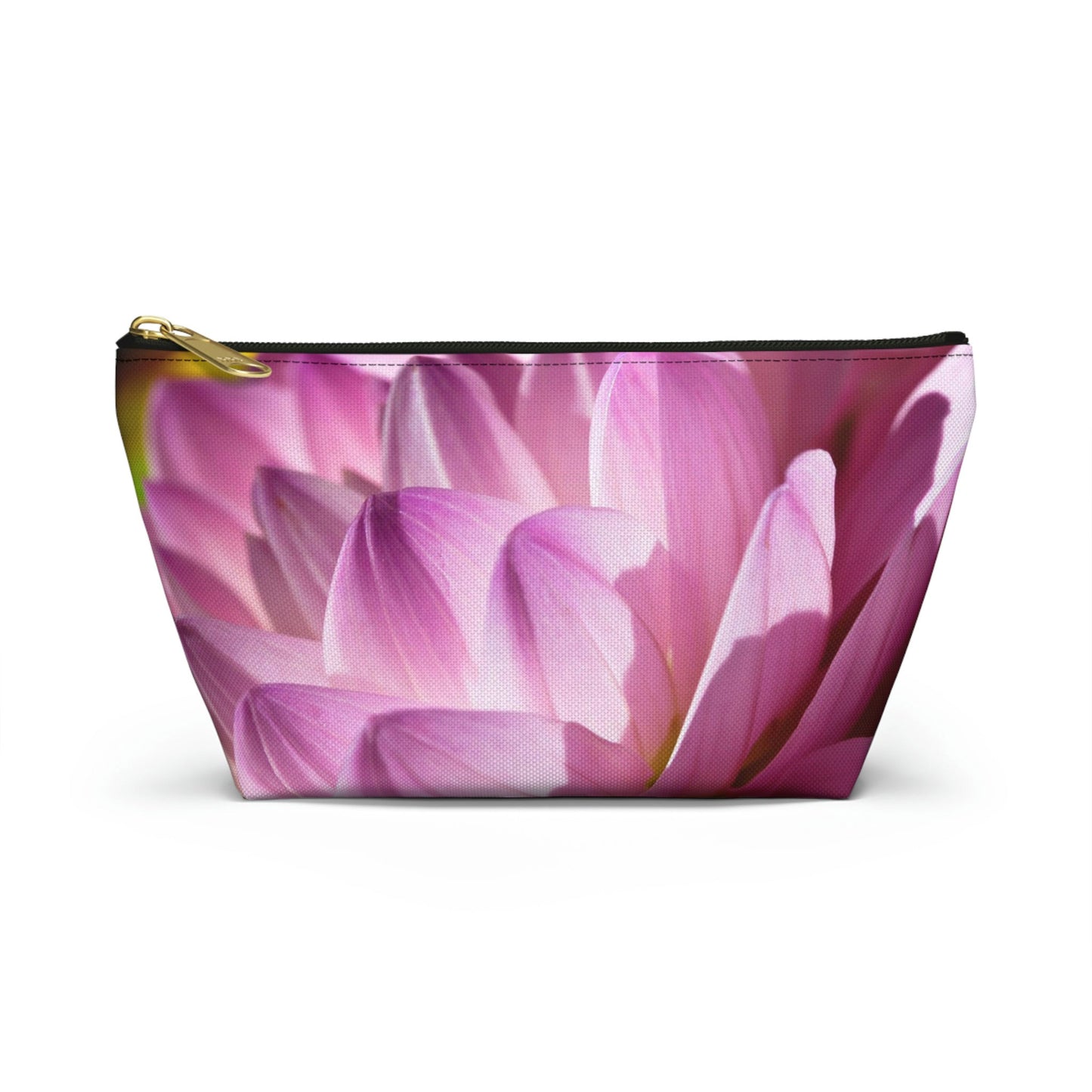 Front view of the small 8.75 x 4.75 x 2.25 inch kit bag with flower petals design and black zipper.