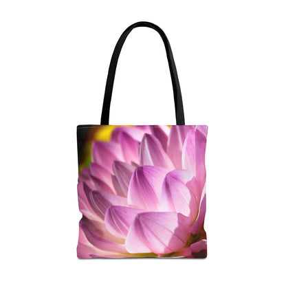 Large 18 x 18 inch tote bag featuring a vibrant photo art close up of pinkish violet colored flower petals in warm sunset light.
