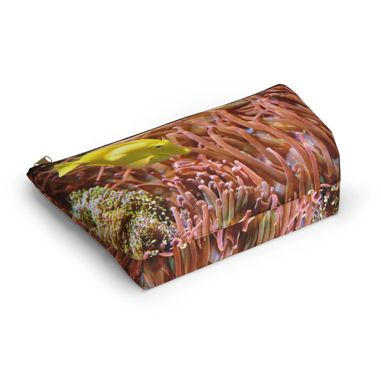Bottom view of the kit bag with yellow fish design angled to showcase the depth and all over print design.