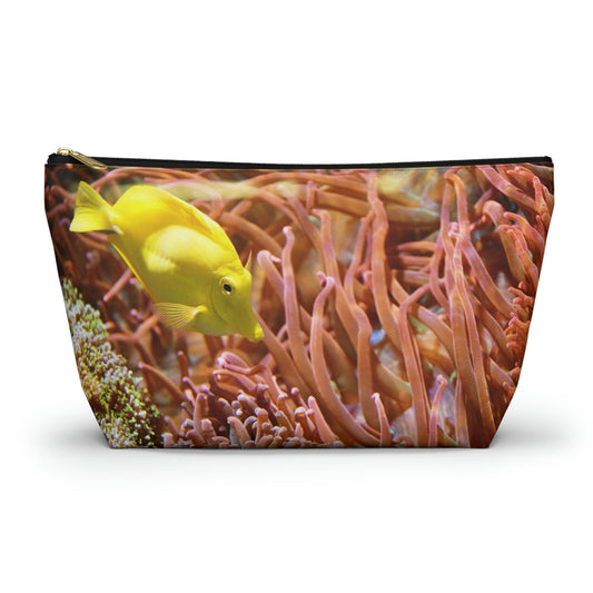 Zippered kit bag featuring vibrant photo art of a bright yellow fish swimming among sea anemones and plants.